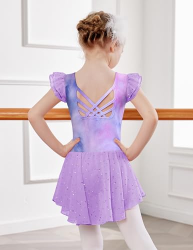 Image of Arshiner Girls Shiny Ruffle Sleeve Ballet Leotard with Skirt Criss-Cross Back Dance Dresses