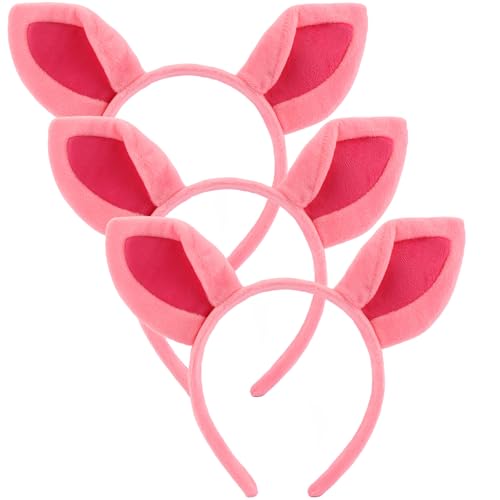 Vovii 3Pcs Pig Ears Headband for Women and Girls Furry Animal Headbands Hair Accessories for Adult Halloween Cosplay Costume Makeup Washing FacePink