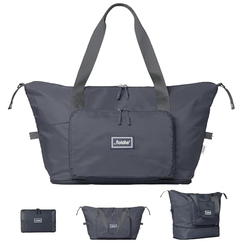 The Foldie Foldable Travel Tote Bag for Women - 40L Weekender Overnight Bag Duffel with Multiple Pockets and Luggage Sleeve - Airline-Approved Underseat Carry On Personal Item Travel Bag - Grey