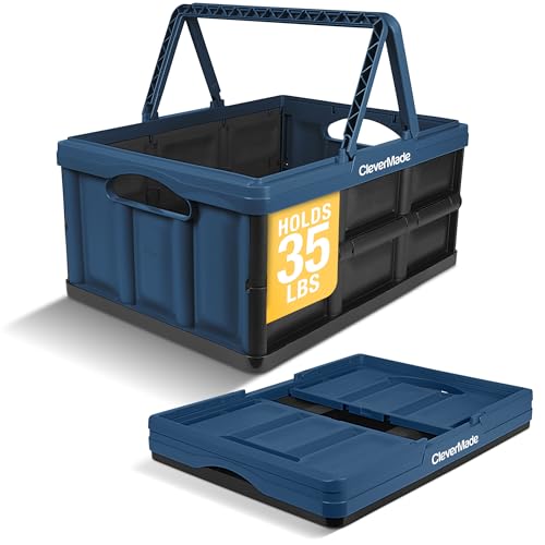 Image of CleverMade Collapsible Shopping Basket 32L - Folding Grocery Basket with Handles, Stackable Reusable Storage Crate with 35 lb Capacity, Recycled Plastic, Car Trunk Organizer - Ocean Blue