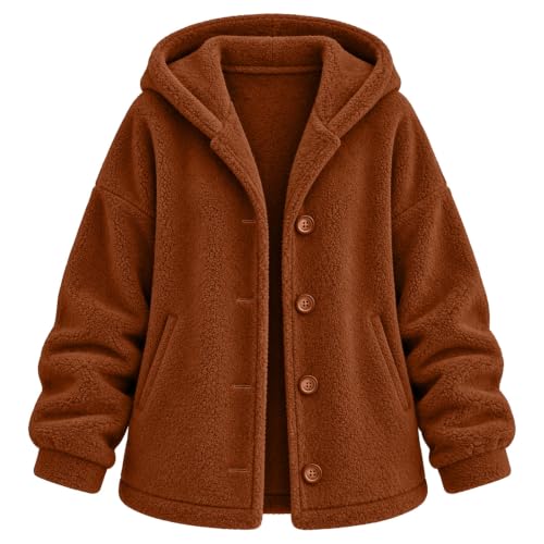 Sherpa Fleece Jacket Women Warm Cozy Button Up Hooded Teddy Coats Brown - image 5