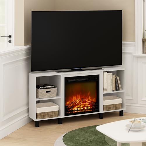 Image of Furinno Jensen Corner Fireplace TV Stand with 4 Open Compartments for TV up to 55 Inches, Solid White