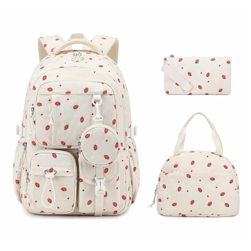 MOONBABY 3PCS Girls Backpack Set, Corduroy Kids Backpack for Girls, School Bag for Primary Elementary Teenage, Middle Students Bookbag, Kawaii School Backpacks for Girl Ages 8-12
