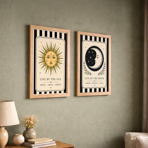 Image of NoWorries Sun & Moon Wall Art Set of 2, Celestial Boho Decor, Vintage Tarot Inspired Prints, Spiritual Wall Decor for Bedroom, Living Room & Meditation Space (Art-15, 13x19inch)