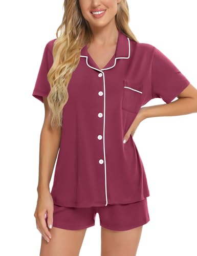 Image of SWOMOG Womens Button Down Pajamas Set Short Sleeve Sleepwear Bride Soft Pj Lounge Sets XS-3XL
