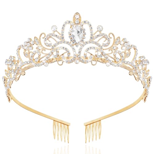 TAROSE Crowns for Women, Queen Crystal Gold Silver Tiaras with White Rhinestone and Combs, Goddess Crown for Wedding Bride Birthday Princess Bridal Shower Hair Accessories for Women