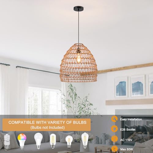 LMSOD 1-Light Bohemian Modern Woven Rattan Farmhouse Pendant Light Fixture Coastal Adjustable Dome Wicker Chandelier Dining Room Living Room Kitchen Island Foyer Bedroom Hallway - Image 6