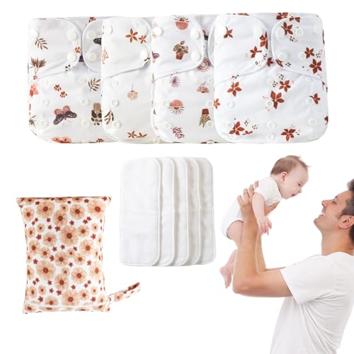 Pañales Reutilizables Bebé, Ajustables Pañales De Tela Para Bebés Reutilizables | 4x Liners Absorbentes Y Transpirables, Cubierta Impermeable Con 4 Insertos Y 1 Bolsa Húmeda Para Niños Pequeños