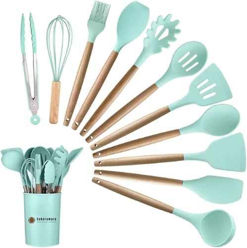 Image of Sakoraware Silicone Kitchen Utensils Spoon Spatula Cooking 12 Pcs Set | Baking Set | Non-Stick with Wooden Handle- BPA Free, Heat Resistant Item Flexible Non Toxic Silicon Cookware Tools with Holder