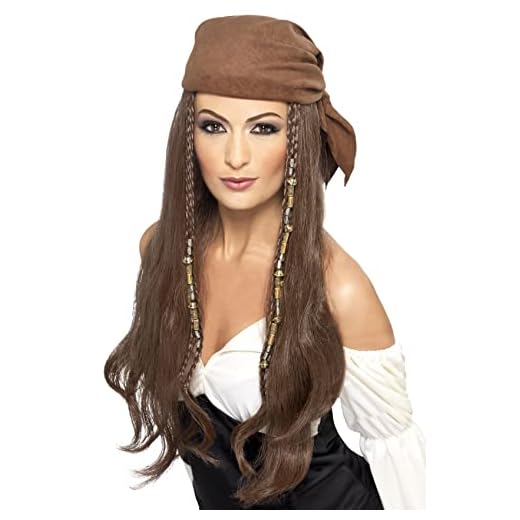 Smiffy'S 21398 Peluca De Pirata Con Pañuelo Cuentas Y Amuletos, Marrón, Tamaño Único