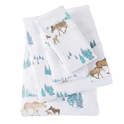 Market & Place 100% Turkish Cotton Flannel Sheet Set | 4 Piece Deep Pocket Novelty Cozy Winter Bed Sheets | Double Brushed For Extra Softness & Comfort | Alpine Collection (Queen, Moose) #TOP5