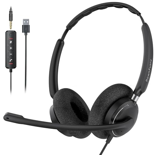 Rownfusny R06 ヘッドセット マイク付き ノイズキャンセリングマイク、USB 3.5mm接続 、軽量デザイン メモリーイヤークッション フォームクッションで一日中快適、MSチーム Web会議用 Skype、在宅勤務、業務用、リモートワーク、PCコールセンターに適用される(ブラック) (両耳)