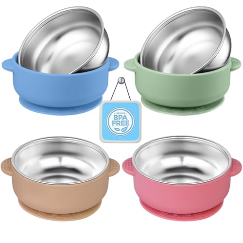 Image of OKAY ORANGE 4 Pack Stainless Steel Toddler Suction Bowls for Baby Plates, 2-in-1 SUS304 Toddlers Bowl & Removable Silicone Suction Kids Bowl for Cereal | Snack | Anti-Scald Non-Toxic Suction Bowls