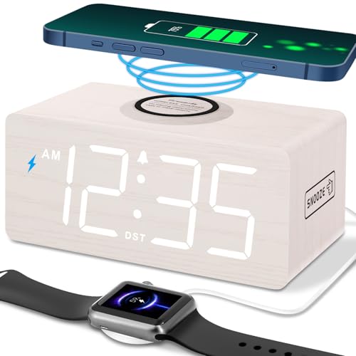 DreamSky Wooden Digital Alarm Clock with Wireless Charging for Bedroom, Bedside Nightstand Clock with Charger Station, USB Port, Large Numbers, Adjustable Volume, Brightness Dimmer, DST