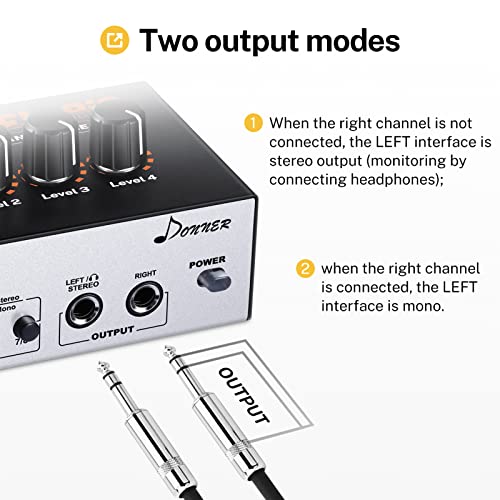 Line Mixer 4 Channel, Donner Low-Noise Mini Audio Mixer Dc 12V With Ac Adapter & Stereo/Mono Adjustment, As Microphones, Guitars, Keyboards Or Stage Sub Mixer, Ideal For Small Clubs Or Bars #TOP3
