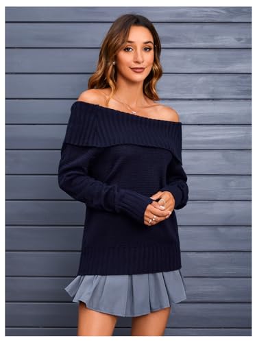 Image of MakeMeChic Women's Long Sleeve Sweater Off The Shoulder Rib Knitted Tops Loose Knitwear Blue Medium