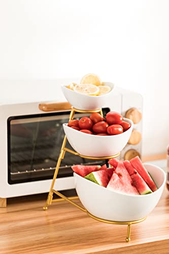 Lauchuh 3 Tier Serving Stand Chip And Dip Serving Set Pocerlain Oval Bowl Set With Stand White Serving Bowl For Entertaining Tiered Tray Decor For Countertop Gold #TOP3