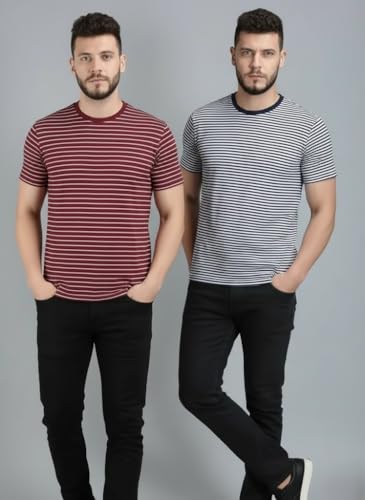 Image of URGEAR Men's Pack of 2 Cotton Blend Striped Round Neck T-Shirt