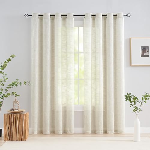 Treatmentex Visillos Salon, Cortinas Dormitorio y Salon 136x175cm, 2 Piezas Translúcidas Texturizadas Lino Beige con Ojales para Oficina, Comedor, Dormitorio​