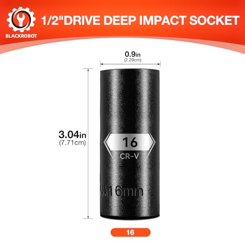 Image of BLACKROBOT 1 /2 Inch Drive 6-Point Deep Socket, 16mm Deep Impact Socket, CR-V Steel