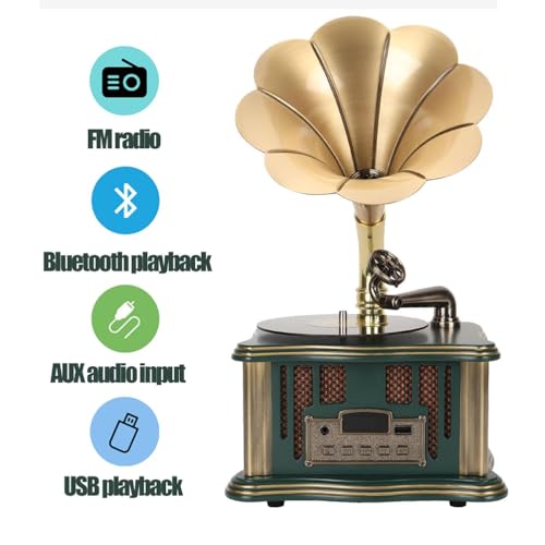 Gramophone Vintage Rétro Idée Cadeau Originale, Mini Enceinte Bluetooth Rechargeable USB-C
