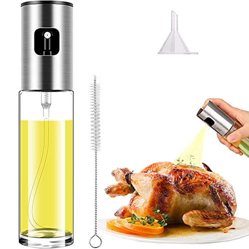 Oil Sprayer Mister for Cooking Olive Oil Spritzer for Air Fryer Oil Dispenser Glass Bottle for Vinegar Vegetable Oil Mini Kitchen Gadgets for BBQ, Salad, Baking (100ml with brush)