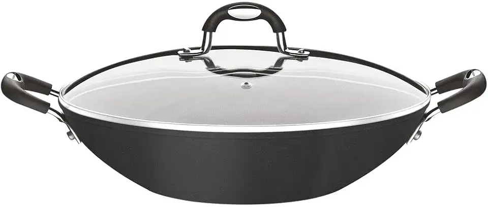 Wok Tramontina Mônaco Induction em Alumínio com Revestimento Interno e Externo Antiaderente Starflon Premium Preto com Tampa de Vidro 32 cm 4,5 L