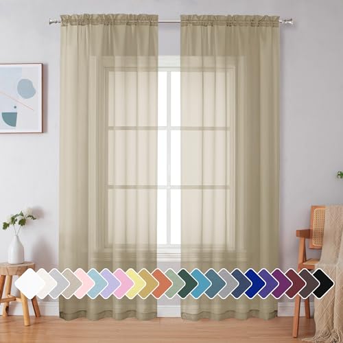 Image of Simplebrand Taupe Sheer Curtains 90 Inches Long 2 Panels, Light Filtering Rod Pocket Solid Color Window Sheer Curtain Panels, Elegant Curtains & Drapes for Living Room, Bedroom, 42 inch W x 90 inch L