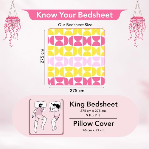 Image of Divine Casa Cotton King Size Bedsheet | 210 TC Soft Breathable Pigment Twill Satin Bed Sheet with 2 Pillow Covers | Luxury Bedding Set | 275 x 275 cm (Pink & Yellow, Gemetic)