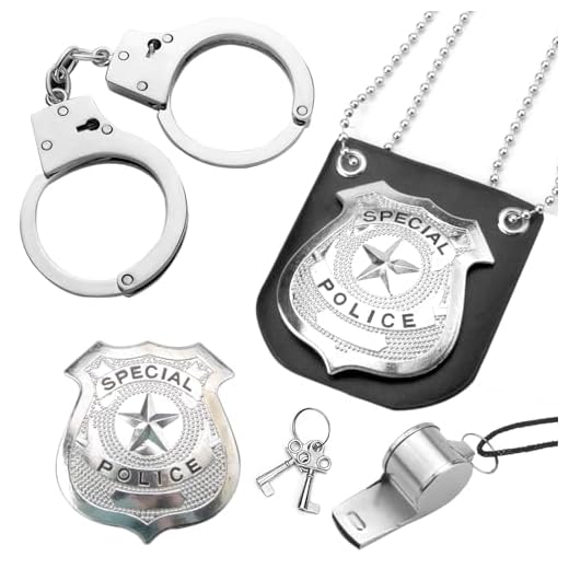 VOSSOT Set di manette per polizia in vero acciaio, manette per bambini, set di polizia per bambini, accessori per la polizia per bambini, manette, manette per bambini, per cosplay, polizia, costume