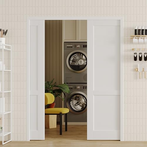 Image of Sliding Pocket Door, 60in.(Double 30 in.) x 80 in, 2-Panel Core with Frame and Hardware Kit Set, Interior Doors for Pocket Door, White Primed - No Panel Assembly Required