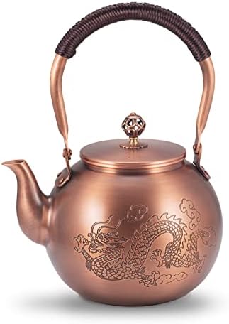 Wollet Copper Teakettle for Stove Top, Handmade Solid Teapot 1.2MM Thick, with Braided Rope Handle, 1.27 Quart(1200ml), Dragon