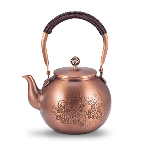 Wollet Copper Teakettle For Stove Top, Handmade Solid Teapot 1.2Mm Thick, With Braided Rope Handle, 1.27 Quart(1200Ml), Dragon #TOP30