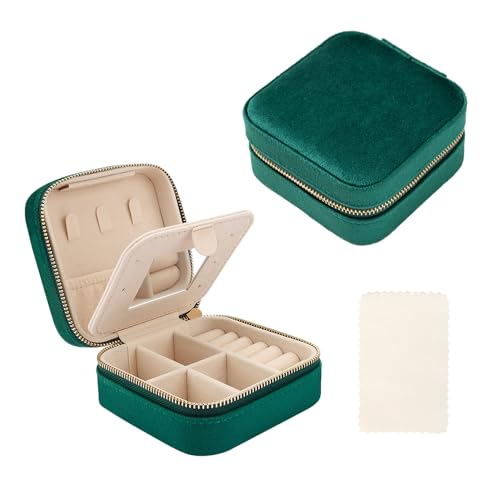 MEMOFYND 1 joyero cuadrado de terciopelo verde con 1 paño de pulido de plata blanca, anillos, pendientes, collares y pulseras.