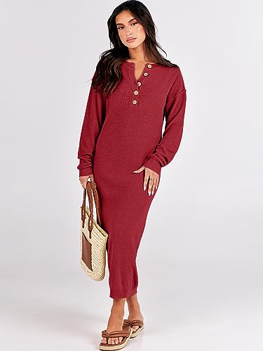 Image of ANRABESS Women Long Sleeve Button V Neck Oversized Casual Loose Fit Waffle Knit Fall Midi Sweater Dress 2026 Trendy Outfits