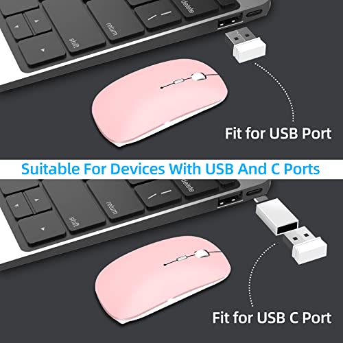 Image of Wireless Mouse for Laptop Cpmputer,Bluetooth Mouse for MacBook,Pink | Rechargeale Dual Mode(USB 2.4Ghz + Bluetooth 5.2) Silent Portable Cordless Mice with USB C Adapter