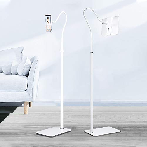 タブレット スタンド 寝ながら スタンド 安定 アルミニウム ベース付 3.5" - 10.6インチ スマートフォン と タ用スマホ ホルダー iPad iPhone床置きスタンブレットド ライブ 38cm-145cm高さ調節可能日本語説明書付き… (ホワイト)