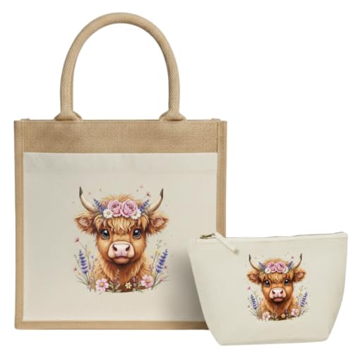Jute Bag With Highland Cow Themed Lunch Bag Canvas Tote with Front Pocket, Make up bag/pouch Reusable Shopping Highland Cow Gift for Women, Nans, Teachers, Gifts for Women 30cmx30cmx19cm wide