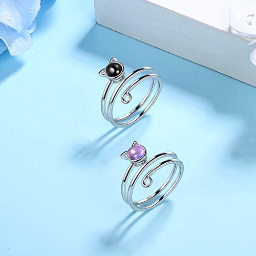 Cute Cat Adjustable Ring Lovely Kitty Cat Open Ring With Crystal Amethyst Animal Ring 18K White Gold Plated Over 925 Sterling Silver Cat With Birthstone Ring Fashion Jewelry Gift For Women Girls Fr23F #TOP4