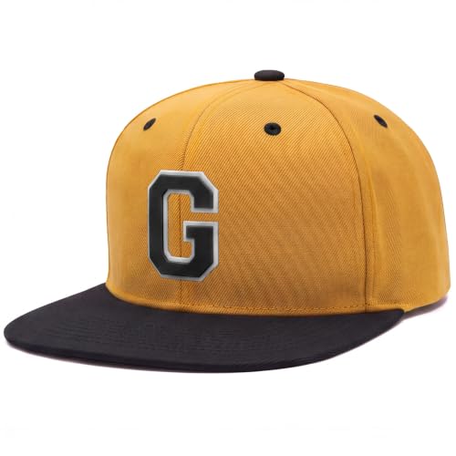 Daxton Men’s 3D Silicone Initial A-Z Letters Varsity Snapback Hat, GLDBLK Hat with Letter G Color WHTBLK