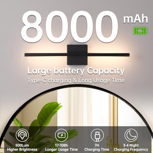 Image of Shenmoyl Battery Operated Wall Sconce Set of 2, 8000mAh Wireless Wall Sconces, 3000K-6000K Dimmable, 350Rotate, Indoor Wall Lights with Remote for Bedroom Living Room Bathroom, Black, 23.6 Inch