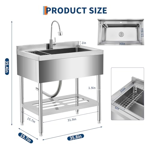 35 Inch Freestanding Stainless Steel Utility Sink with Pull-Out Faucet, Adjustable Height Laundry Tub with Hot & Cold Water, Basket, Shelf & Drain Kit for Kitchen, Garage, Outdoor, Basement