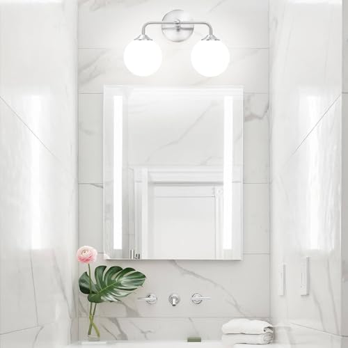 Image of Modern Brushed Nickel 2-Lights Bathroom Vanity Lights, Bathroom Lighting Fixtures Over Mirror with Milk White Globe Glass Shade, Elagant Wall Sconces for Dressing Table Bedroom Living Room
