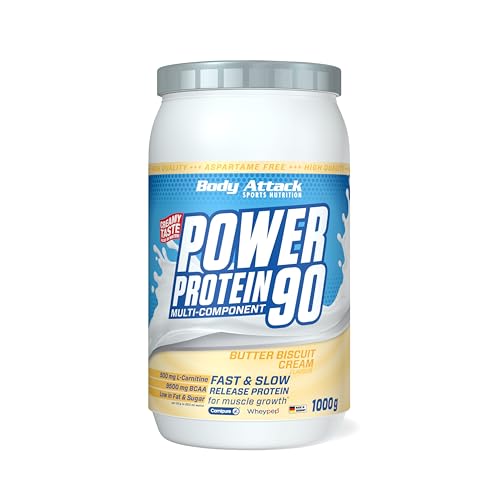 Body Attack Power Protein 90, Biscotto al burro, 1 kg, 5K proteine in polvere con proteine del siero di latte, L-carnitina e BCAA per la costruzione muscolare e il fitness
