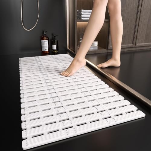 Shower Mat Non Slip Bath Mat for Tub, Bathtub Mat Non Slip Shower Mat for Inside Shower, TPE Bath Mat with Powerful Suction Cup, 36 x 16 Inch (Rectangular), Cream White