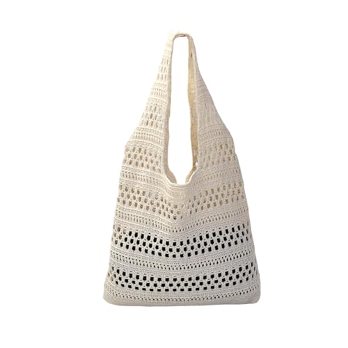 Image of Beach Mesh Crochet Tote Bag Knitted Bag Aesthetic Shoulder Bag Handbags Hollow Hobo Bag for Women Summer (Beige)