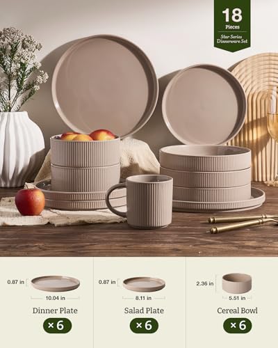 Image of Famiware Stoneware Dishes Dinnerware Sets for 6, Ribbed Plates and Bowls | 18pc Ceramic Dinner Set with Lipped Edges, Chip & Scratch Resistant , Microwave & Dishwasher Safe, Everyday Formal Use, Brown