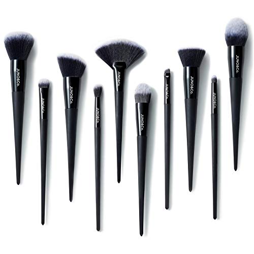Makeup Brushes, JUNO & Co 10pcs Makeup Brush Set, Premium Cosmetic Brushes for Foundation Blending Blush Concealer Eye Shadow, Cruelty-Free Synthetic Fiber Bristles, Black