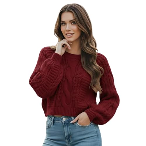 Grewear Womens Cropped Cable Knit Sweater Soft Long Sleeve Crewneck Pullover Casual Cozy Knit Top for Fall Winter Outfits Gift for Women Dark Red-XS