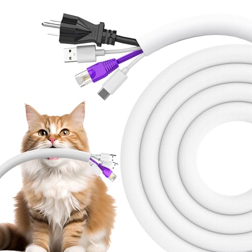 UOMTFAI Dog and Cat Cord Protector 10ft - 1/2inch Flexible Cable Sleeve for Easy Cord Management Protects Cables from Pets Chewing Ideal for USB Power Audio and Video Cords - White